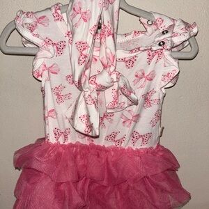 Pink Bow Print Baby Dress with Ruffles